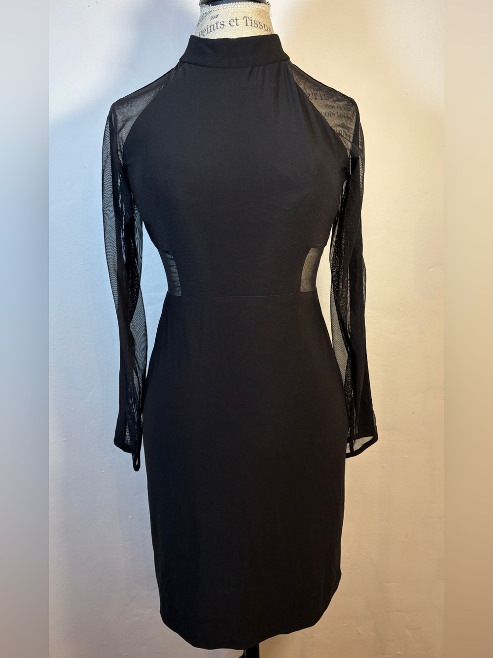 90’s Night Way Collections Black Mesh Long-Sleeve High-Neck Dress size 8P Goth